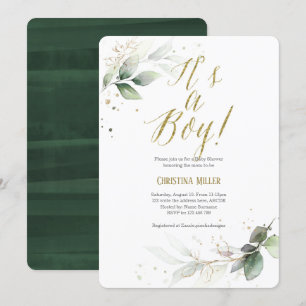 Modern, Greenery, Watercolor, Baby Boy Shower Invitation