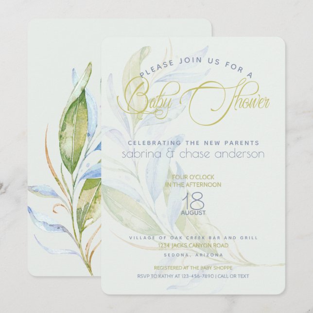 Modern  Greenery Watercolor  Couples Baby Shower Invitation (Front/Back)