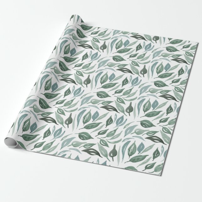 Modern Greenery Watercolor Leaves Pattern Wrapping Paper (Unrolled)
