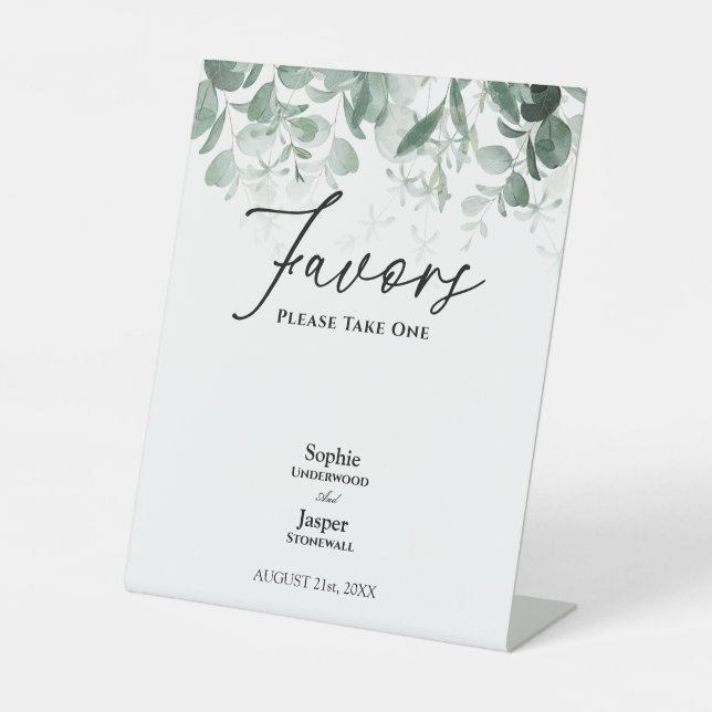 Modern Greenery Wedding Favours Pedestal Sign (Front)