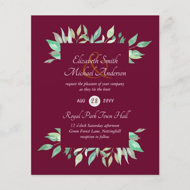 Modern Greenery Wedding Invitation Budget (Front)