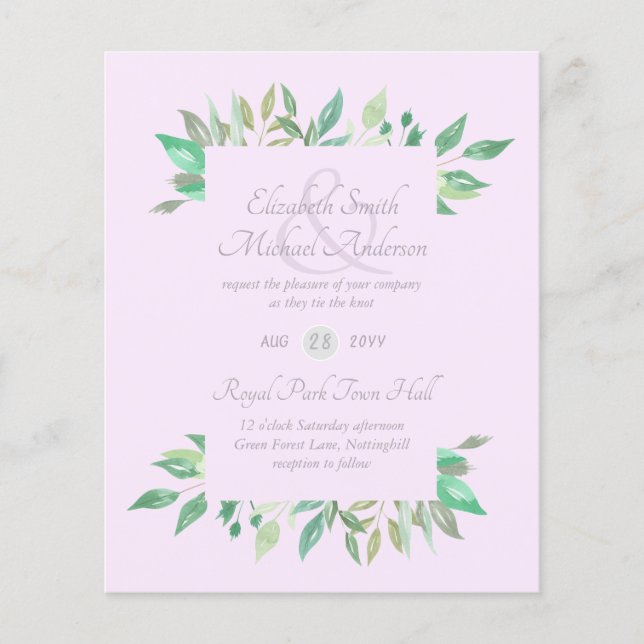 Modern Greenery Wedding Invitation Budget (Front)
