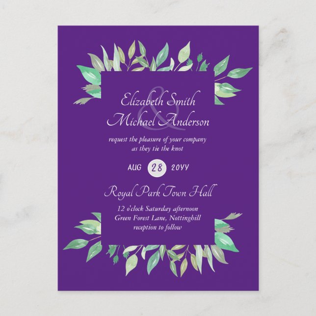 Modern Greenery Wedding Invitation Budget Postcard (Front)
