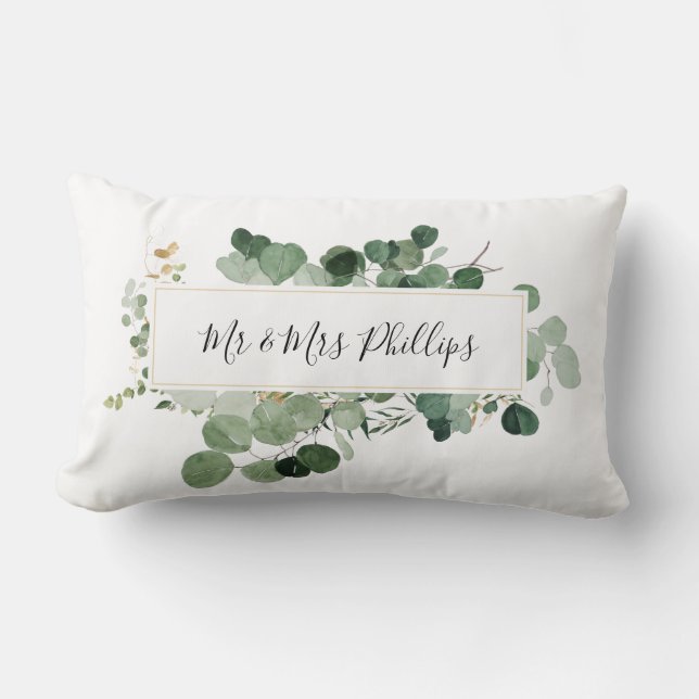 Modern Greenery Wedding Mr&Mrs Name Couple Love Lumbar Cushion (Front)