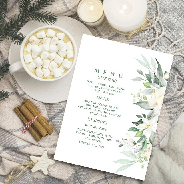 Modern Greenery White Floral Menu Invitation (Celebrate in style with our chic white floral menu invitation, ﻿#WeddingSeason #watercolorflowers)