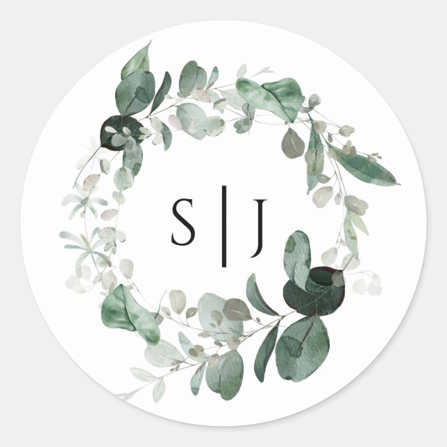 Modern Greenery White Monogram Wedding Sticker (Front)