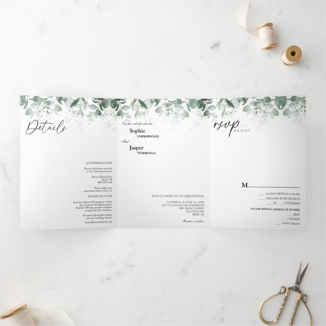 Modern Greenery White Tri-Fold Wedding Invitation (Inside)