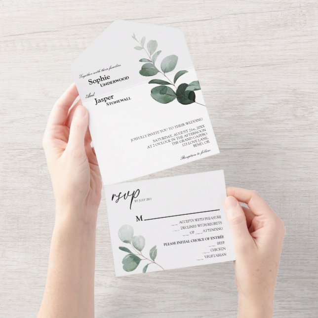 Modern Greenery White Wedding All In One Invitation (Tearaway)