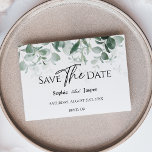 Modern Greenery White Wedding Flat Save The Date<br><div class="desc">This modern greenery white wedding flat save the date design features easy mix and match coordinating styles in black and white with delicate greenery elements adding graceful flourish around simple sophisticated typography and lovely minimal calligraphy script. The watercolor eucalyptus and other botanical leaves arch beautifully throughout, with dark emerald fading...</div>