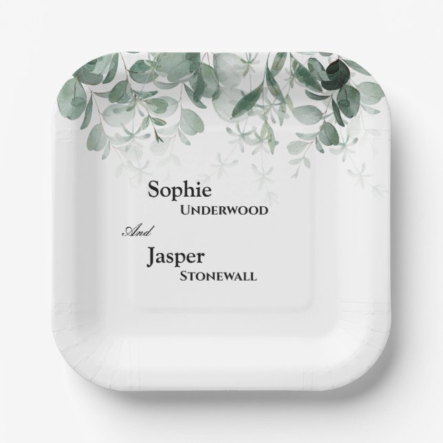 Modern Greenery White Wedding Paper Plates (Front)