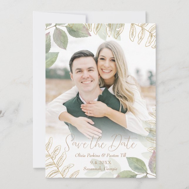 Modern Greenery with Gold Save The Date (Front)