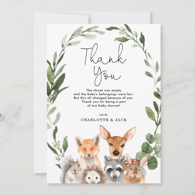 Modern Greenery Woodland Animals Baby Shower Favou Thank You Card (Front)