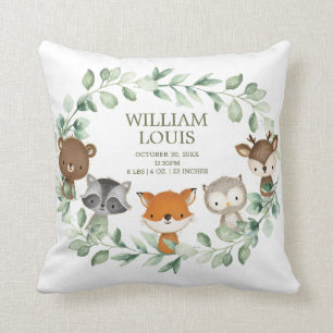 Modern Greenery Woodland Birth Stats Boy Nursery Cushion