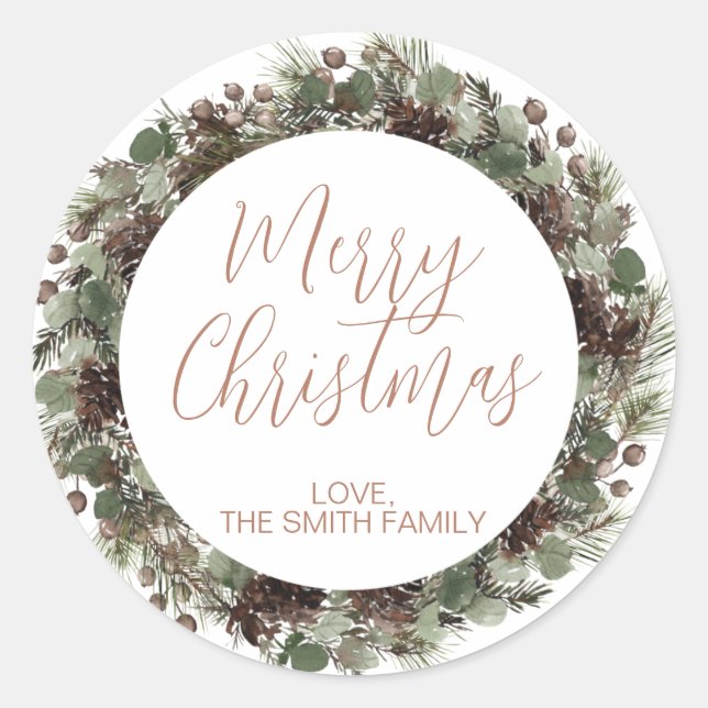 Modern Greenery Wreath Christmas  Classic Round Sticker (Front)