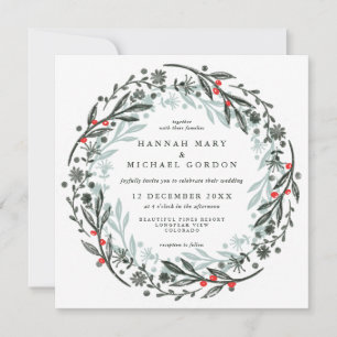 Modern greenery wreath holiday invitation
