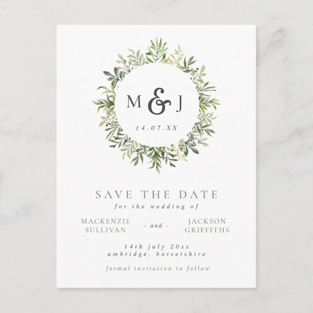 Modern Greenery Wreath Monogram Wedding Save The D Announcement Postcard (Front)
