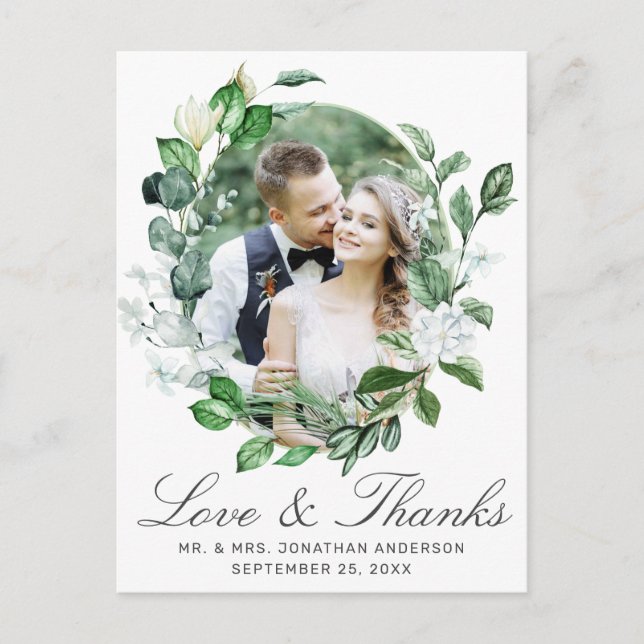 Modern Greenery Wreath Photo Wedding Thank You Postcard (Front)