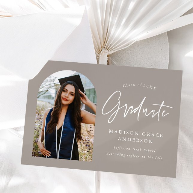 Modern Greige Arch Photo Graduation Announcement (Creator Uploaded)