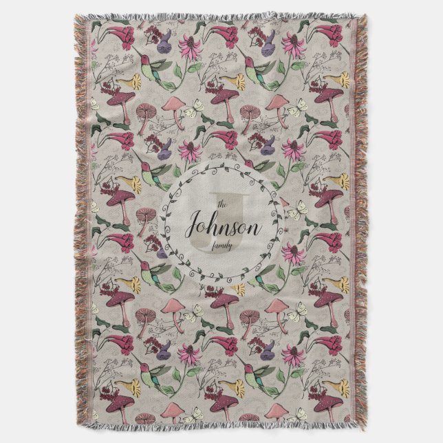 Modern Greige Family Name Hummingbird & Flowers Throw Blanket (Front Vertical)