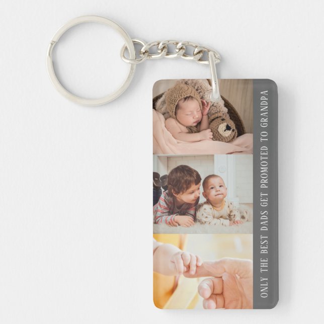Modern Grey 3 Photo Collage for Grandpa Key Ring (Front)