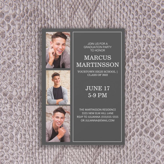 Modern Grey 3 Photo Graduation Party  Invitation (Creator Uploaded)