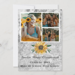 Modern Grey 4 Photo Collage Sunflower graduation Announcement