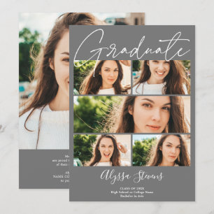 Modern grey 6 photos grid collage graduation announcement