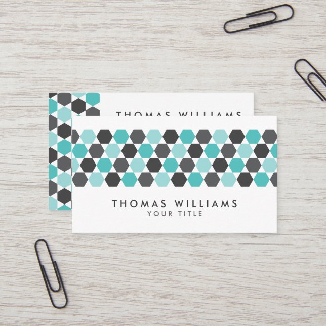 Modern grey and aqua blue hexagon border business card (Front/Back In Situ)