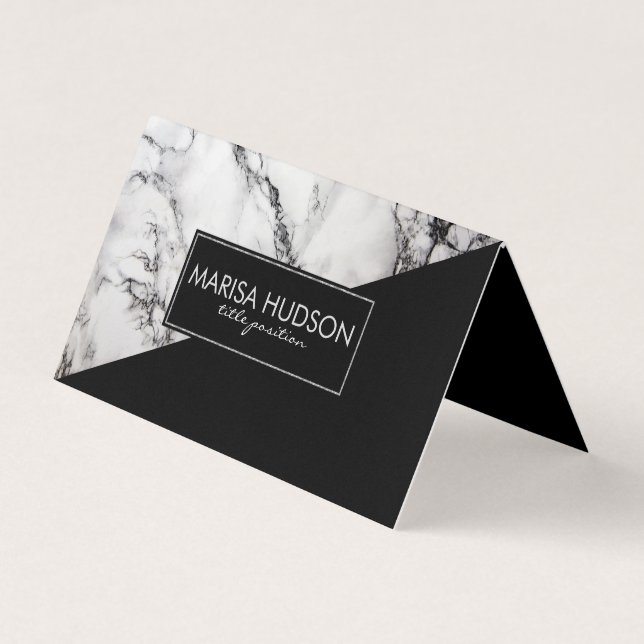 Modern Grey And Black Marble And Black Triangle Business Card (Front)