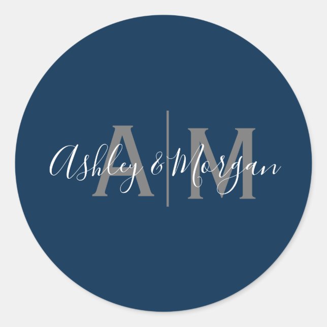 Modern Grey and Blue Couple's Monogram Classic Round Sticker (Front)