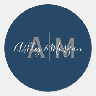 Modern Grey and Blue Couple's Monogram Classic Round Sticker