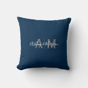 Modern Grey and Blue Couple's Monogram Cushion