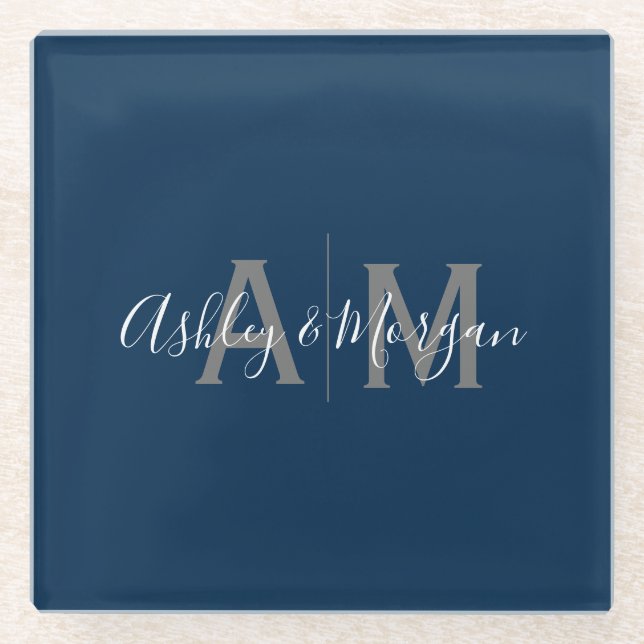 Modern Grey and Blue Couple's Monogram Glass Coaster (Front)