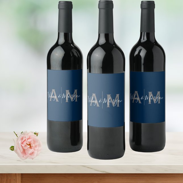 Modern Grey and Blue Couple's Monogram Wine Label (Creator Uploaded)