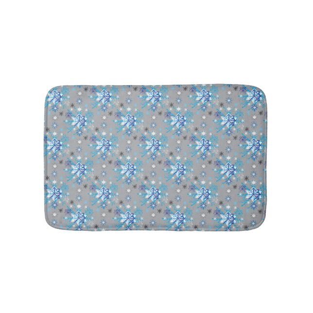 Modern grey and blue Holiday Snowflakes pattern Bath Mat (Front)