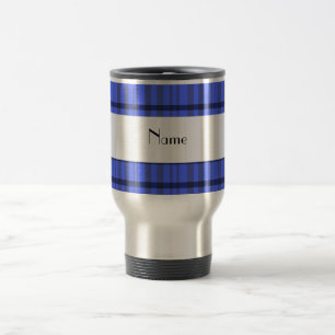 Modern grey and blue plaid personalised name travel mug