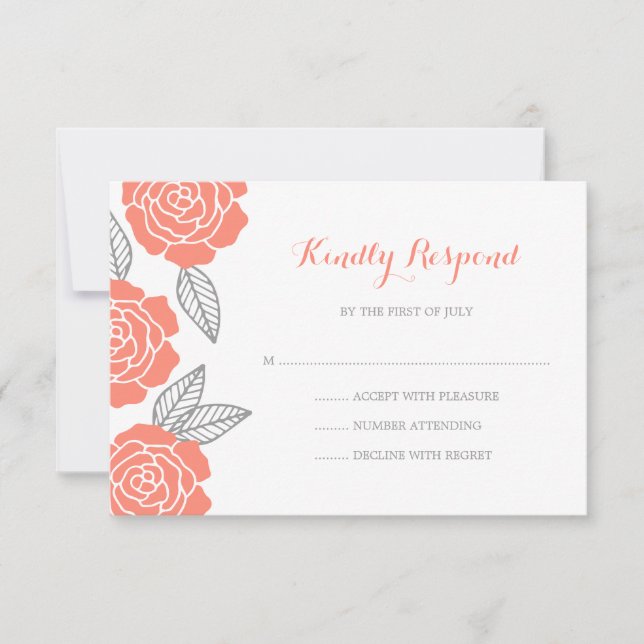 Modern Grey and Coral Rose Wedding RSVP Card (Front)