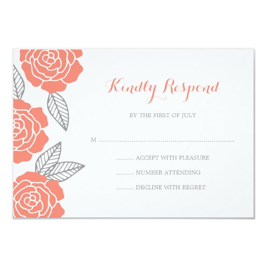 Modern Grey and Coral Rose Wedding RSVP Card