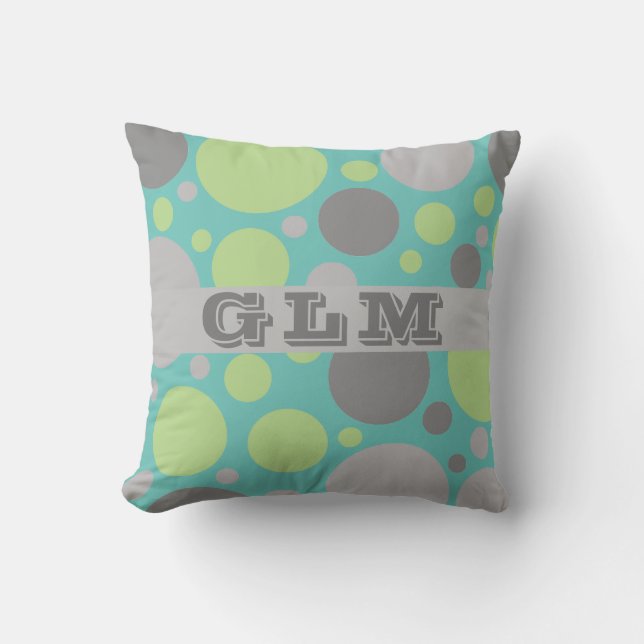 Modern Grey and Green Bubbles Monogram Cushion (Front)