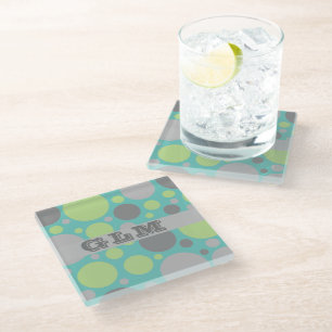 Modern Grey and Green Bubbles Monogram Glass Coaster