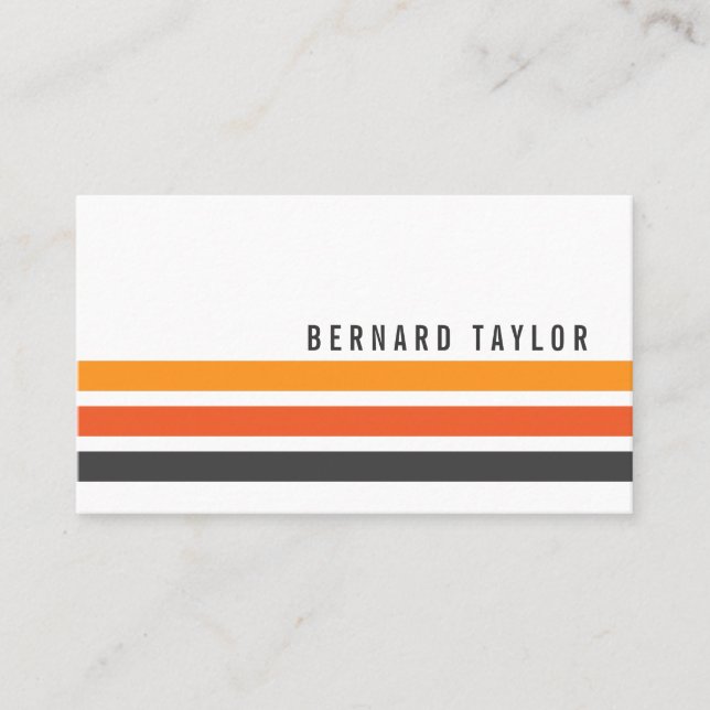 Modern grey and orange retro stripes stylish white business card (Front)