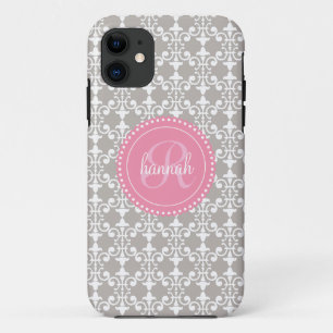 Modern Grey and Pink Damask Personalised iPhone 11 Case