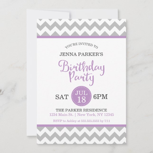 Modern Grey and Purple Chevron Birthday Party Invitation (Front)