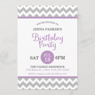 Modern Grey and Purple Chevron Birthday Party Invitation