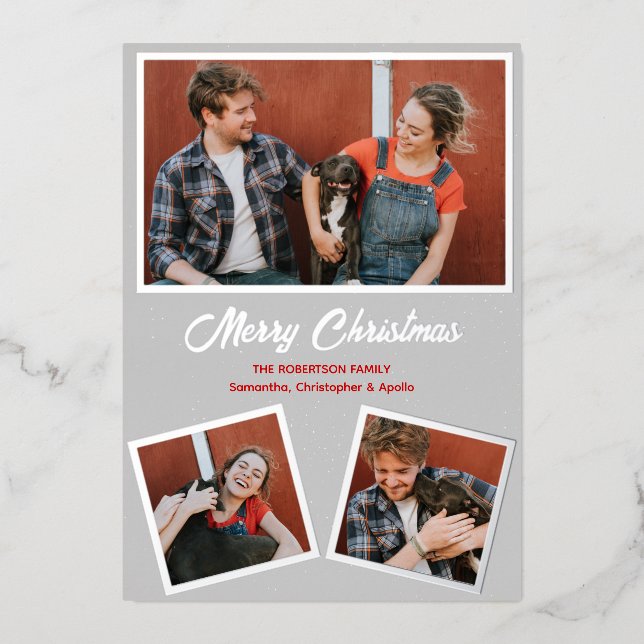 Modern Grey and Red Dog Pitbull Greeting Foil Holiday Card (Front)