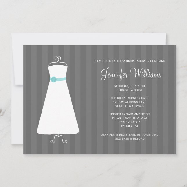 Modern Grey and Teal Gown Stripes Bridal Shower Invitation (Front)