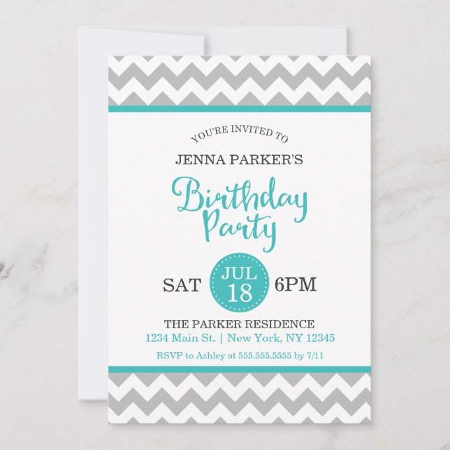 Modern Grey and Turquoise Chevron Birthday Party Invitation (Front)