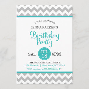 Modern Grey and Turquoise Chevron Birthday Party Invitation