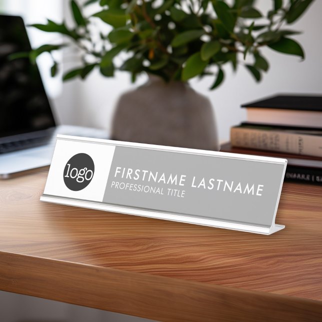 Modern Grey and White - Add Logo, Name, Title Desk Name Plate (Custom Name Plate - Executive Desk Sign with Name and title or other text)