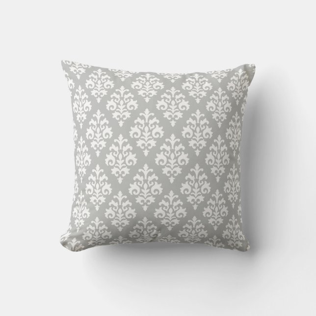 Modern Grey and White Damask Throw Pillow (Front)